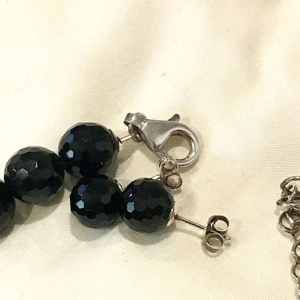 Vintage Black Onyx Faceted Necklace & Faceted Onyx Sterling Silver Earrings Set